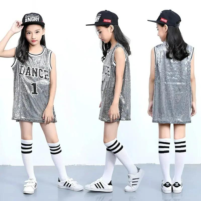 Girls Hip Hop Sequins Dance Costume Glitter Tank Top with Socks Stage Performance Mordern Jazz Carnival Outfits 5-12 Years