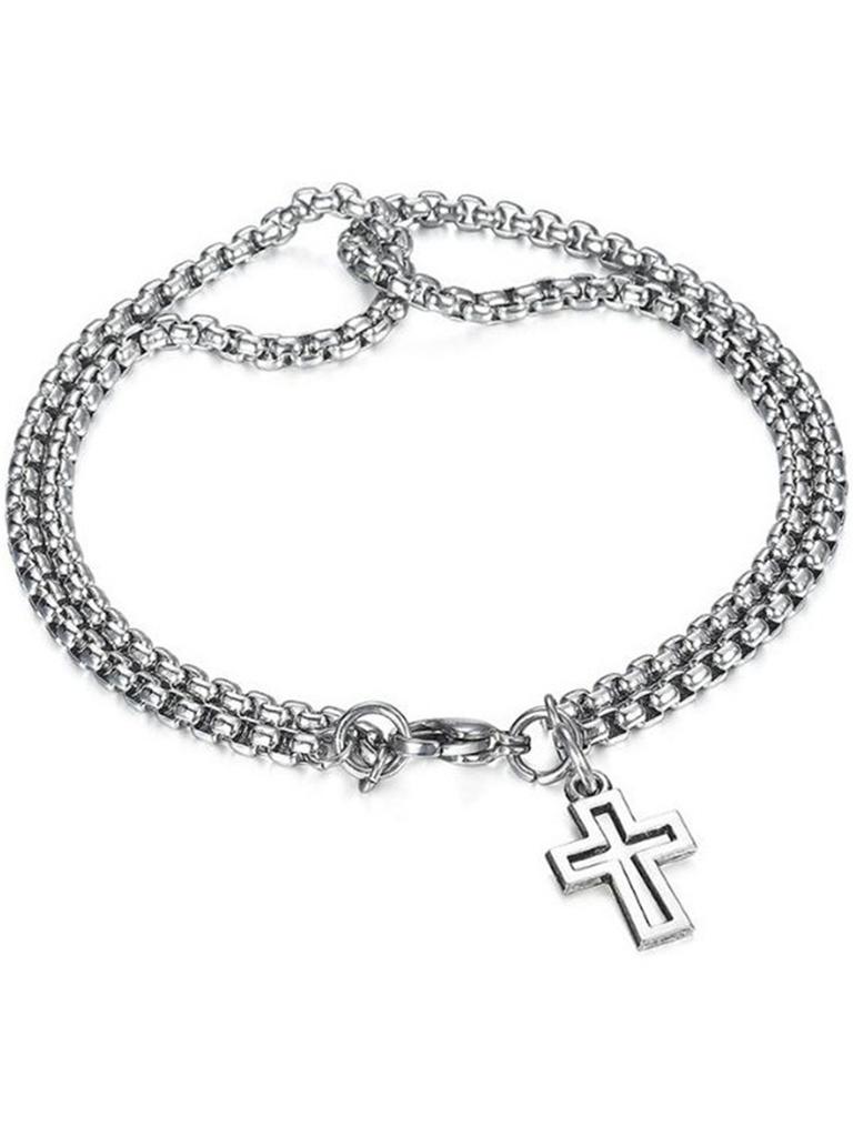 Men's Fashion Double Chain Cross Hollow Wrist Bracelet Lobster Claw Buckle Stainless Steel Bracelet Hip Hop Punk Party Jewelry