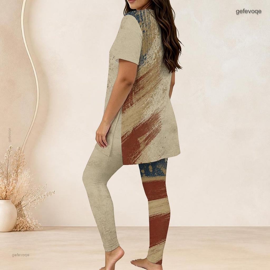 Women Plus Size Round Neck Short Sleeve American Flag Printed Long Top Fitted Pants Two Piece Set