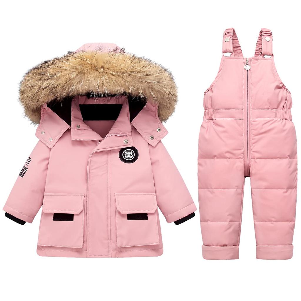 Toddler Snowsuit Boy Baby Winter Coat Girl Snow Pants and Jackets Bib 1-2-3-4-5T Kid White Pink