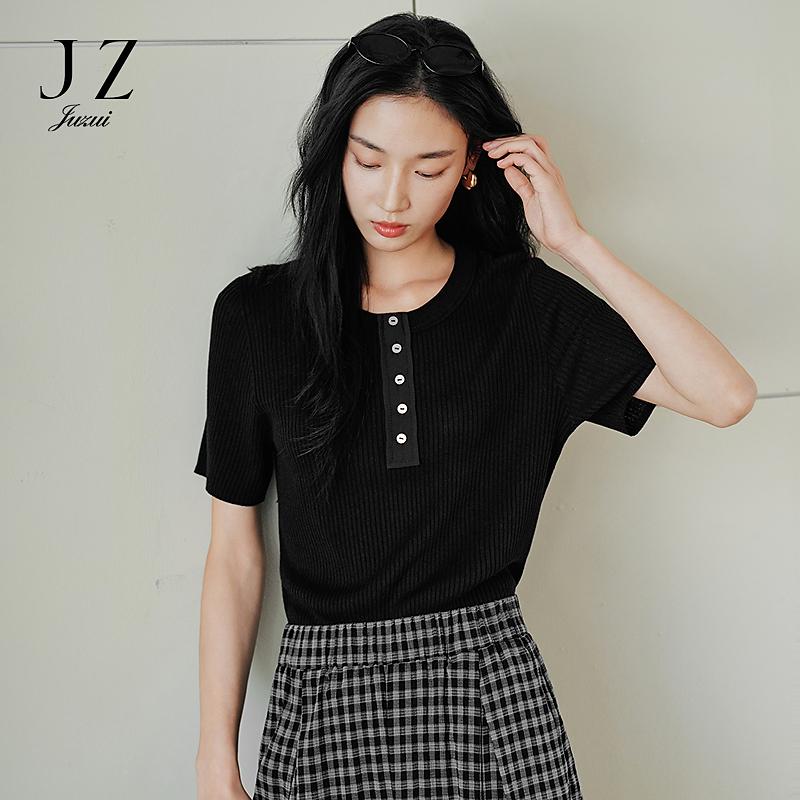 Jiuzi Anna Kou Casual Lazy Style Versatile Comfortable Pit Texture Short Sleeve Knitted Shirt for Women
