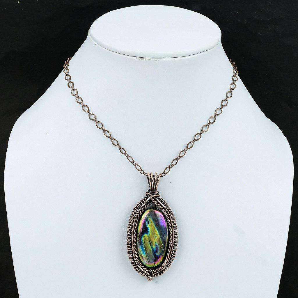 Кулон Лабрадорит Мистический Огонь Кулон, обернутый медной проволокой Ювелирные изделия с драгоценным камнем Лабрадоритом Кулон ручной работы Ювелирные изделия из медной проволоки Подарок для женщин