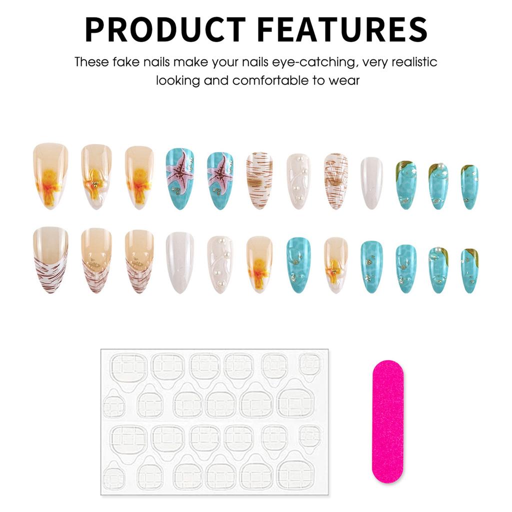 24 Pcs Glossy Fake Nails 3D Ocean Nail Tips with Starfish-Design Lightweight Press On Nails for Daily Party Use