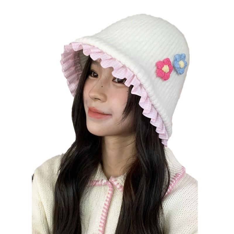 Милая плюшевая шляпа-ведро с цветком, женская осенне-зимняя теплая универсальная вязаная шапка с изображением лица, маленькая шерстяная шапка прилив