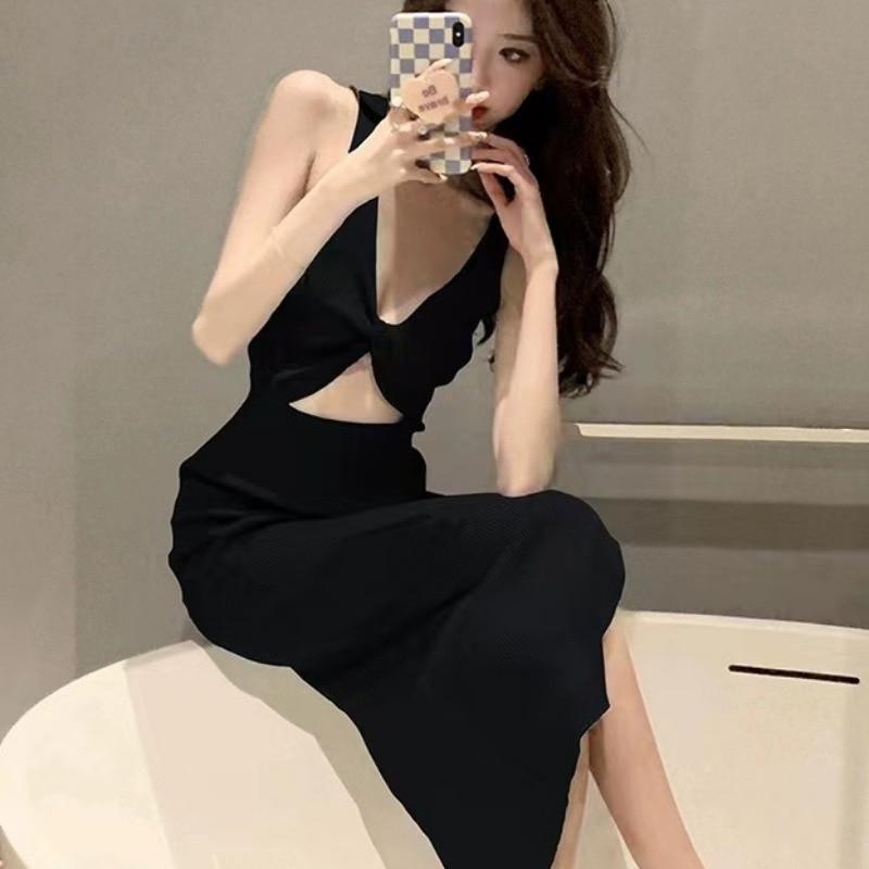 Fashion Sexy Korean Knitted Sweater Dress Women Summer V Neck Sleeveless Hollow Out Slim Bodycon Dress Femme Split Long Dresses 29094