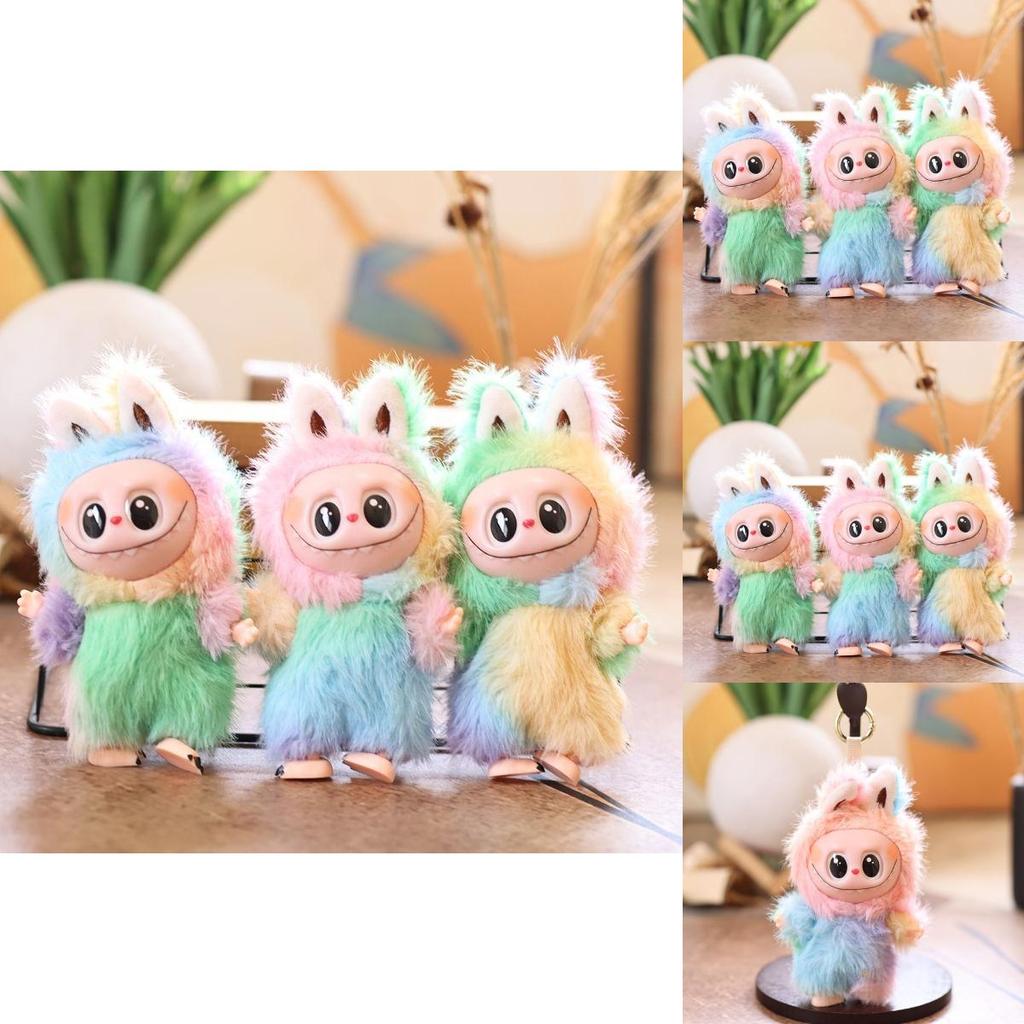 Iridescent Labubu Plush Rabbit Keychain With Colorful Short Pile Plush For Bag Decoration And Gift