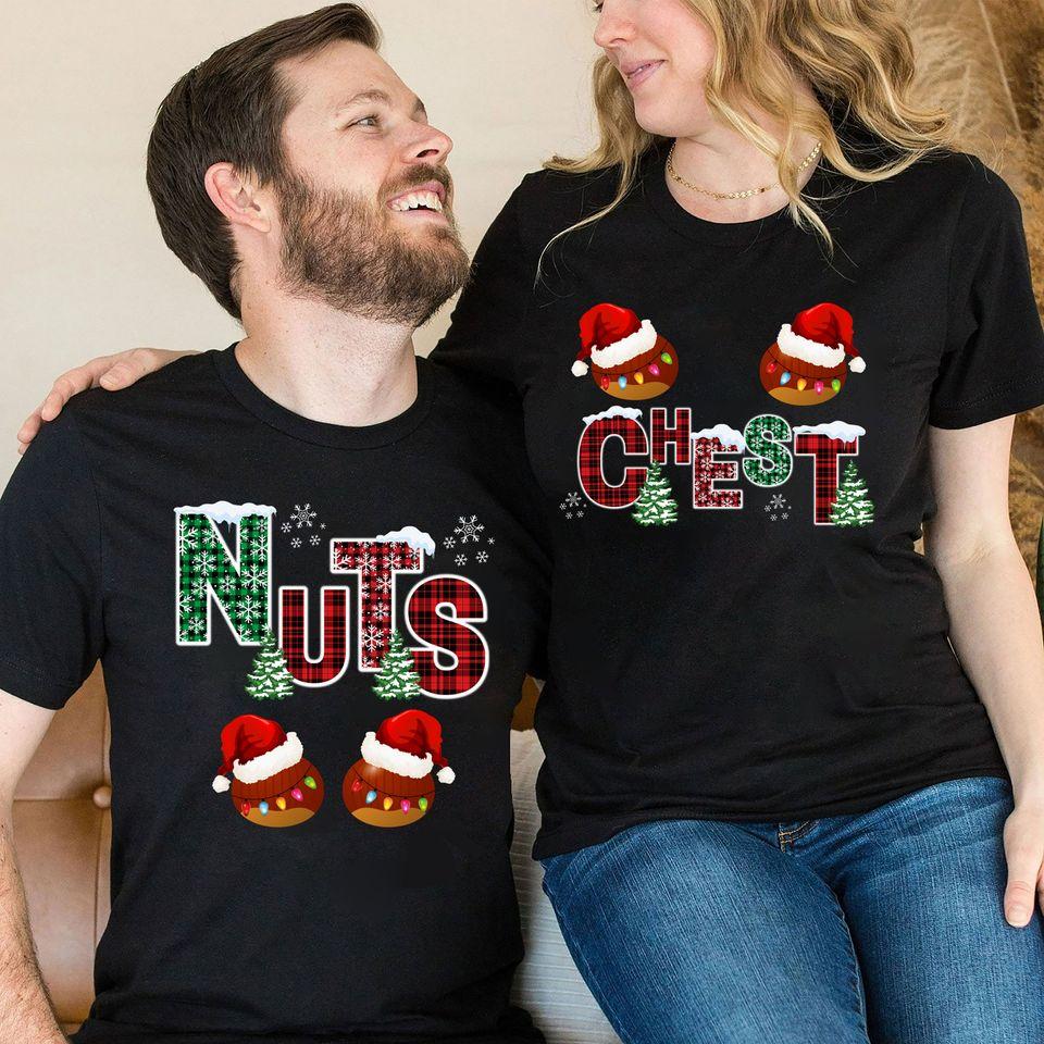 Забавные футболки для пар «Chest Nuts» в тон, Забавные рождественские футболки в тон, Праздничный подарок, Милый свитер для пары, Семейная футболка