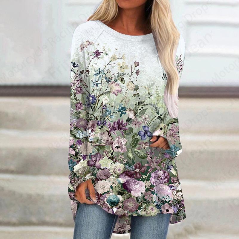 Футболки с 3D-принтом «Цветы и растения», женская модная футболка, топы с длинным рукавом, футболки с цветочным принтом, повседневная длинная туника, простой топ в стиле Харадзюку