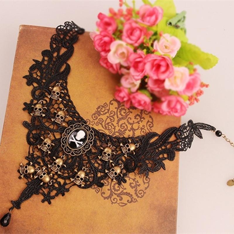 Женская мода готический черный череп кружево колье ожерелье бусы цепочка кулон украшения