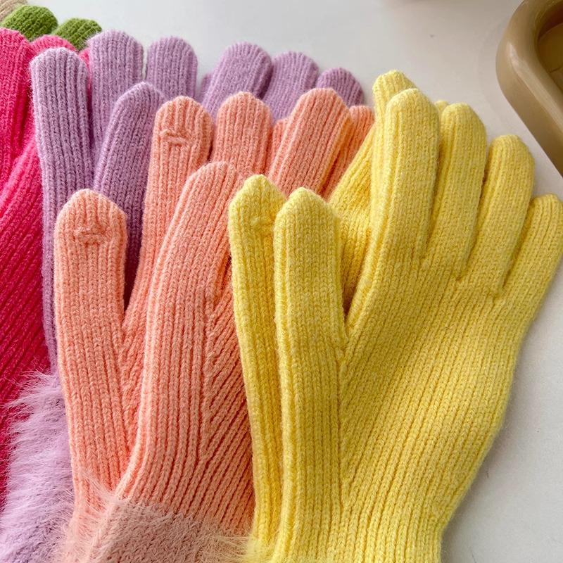 Осень и Зима Дофаминовый Однотонный Теплый Вязаный Варежки с Пятью Пальцами - Универсальные, Милые, Длинный Велосипедный Рукав для Девочек