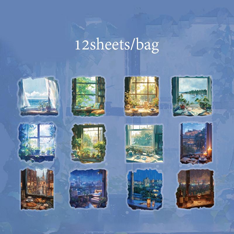 12 шт./пакет Набор ПЭТ-наклеек Романтичный Дождливый Сезон Вид из Окна Ночной Пейзаж Узор Атмосферные Наклейки DIY Конверт Подарок Декор