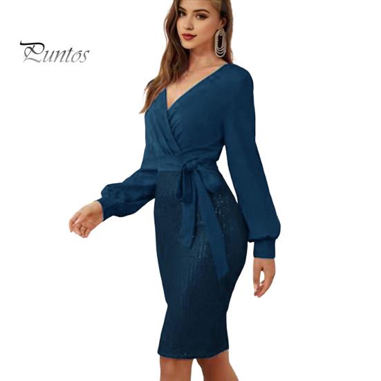 Женское вечернее платье с V-образным вырезом, облегающее платье-футляр с длинными рукавами, пайетками, шнуровкой на талии, длиной до колена, мини-платье для офиса, банкета, деловой поездки