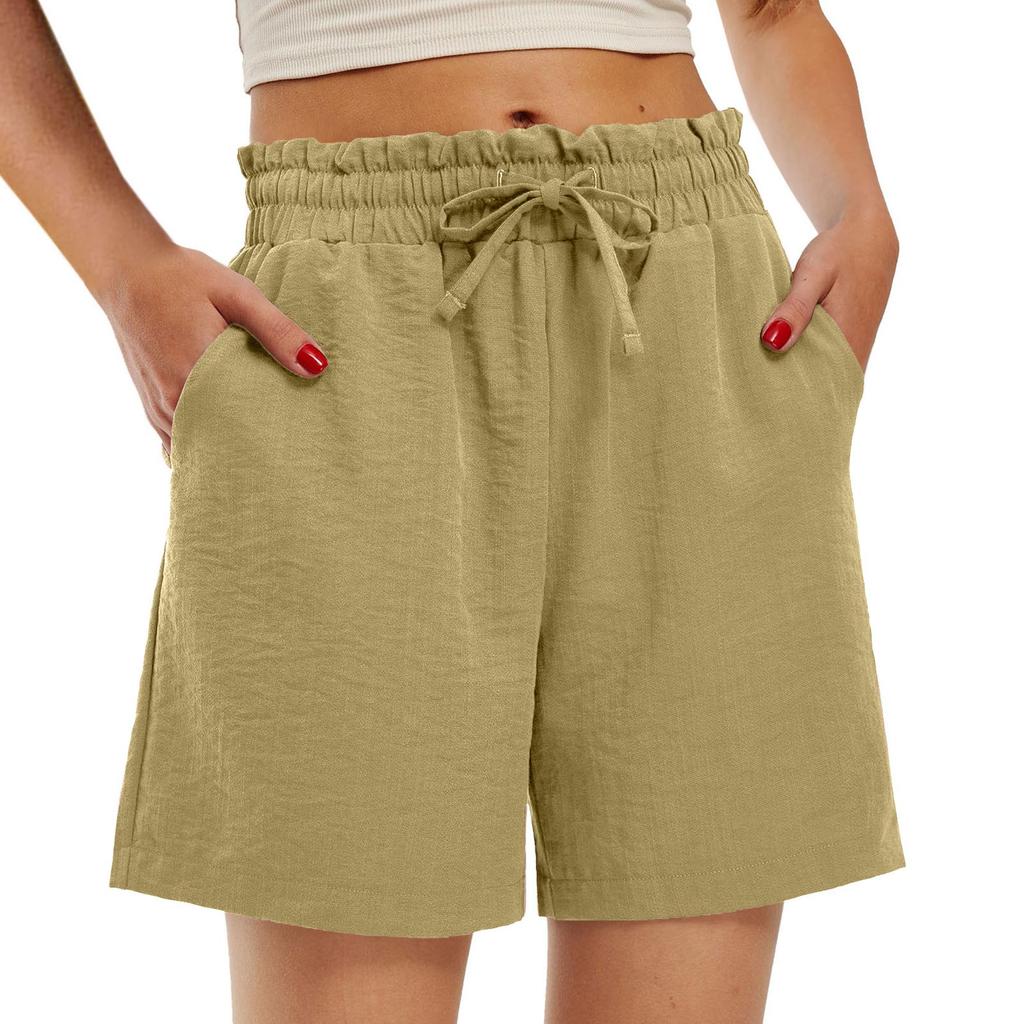 Women's Fashion Loose High Waist Drawstring Solid Color Small Pocket Casual Shorts