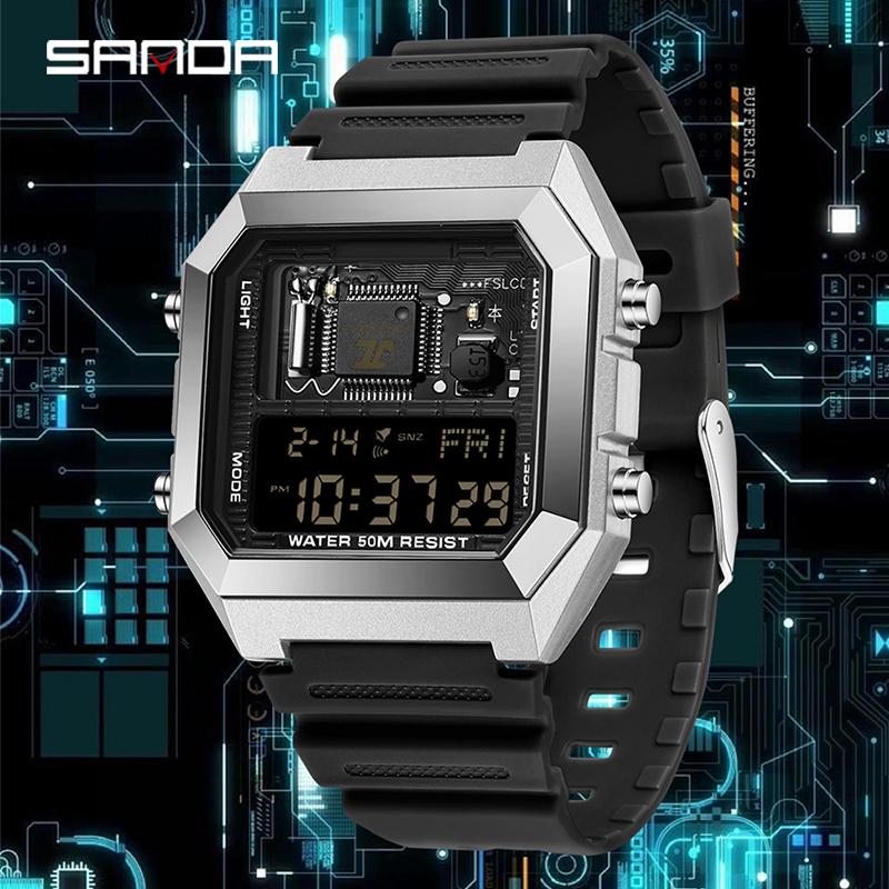 Цифровые часы Sanda 6216 Система 12/24 часа Обратный отсчет Светящаяся функция Часы Будильник Секундомер Водонепроницаемые Ударопрочные
