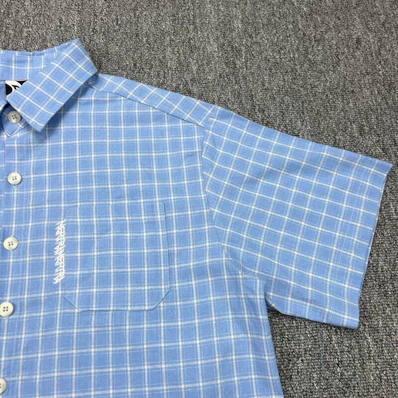 Mertra Blue Plaid Short Sleeve Shirt Men Women Embroidered Pocket Casual Loose Fit Teen Streetwear