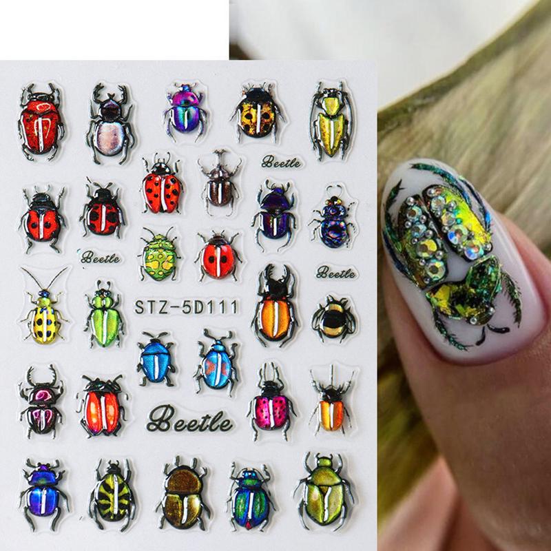 1 лист Y2K выгравированные летние маникюрные наклейки на ногти насекомые божья коровка цветок 5D самоклеящиеся украшения для ногтей