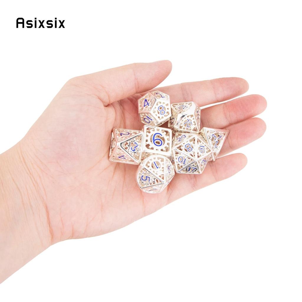 7 Pcs White Blue Gear Wheel Metal Dice Hollow Metal Polyhedral Dice Set Suitable for Role-Playing RPG Board Game Card Game