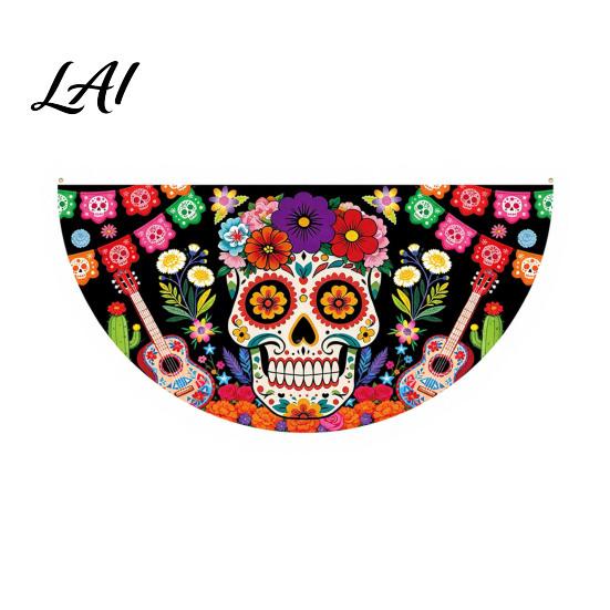 Sugar Skull Fan Flag Day of The Dead Bunting Banner Marigold Print Fiesta Mexican Festival Home Ornament Hanging Flag Colorful Outdoor Yard