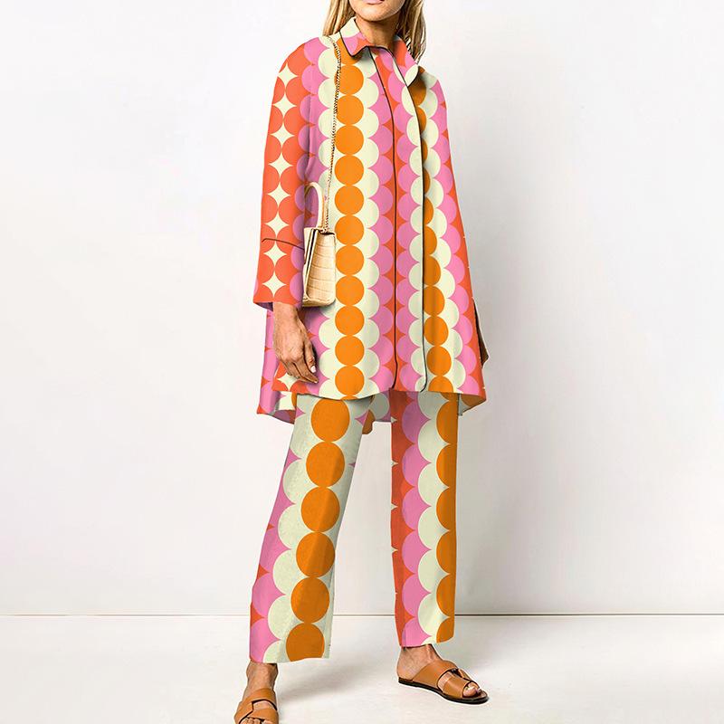 Женский комплект: рубашка и брюки с широкими штанинами, зеленый геометрический принт