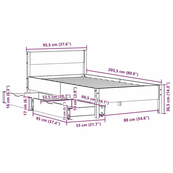 VidaXL Cadre de lit avec tête de lit blanc 90x200cm bois de pin massif, meuble de chambre à coucher, sommier, lit en bois, 3301759
