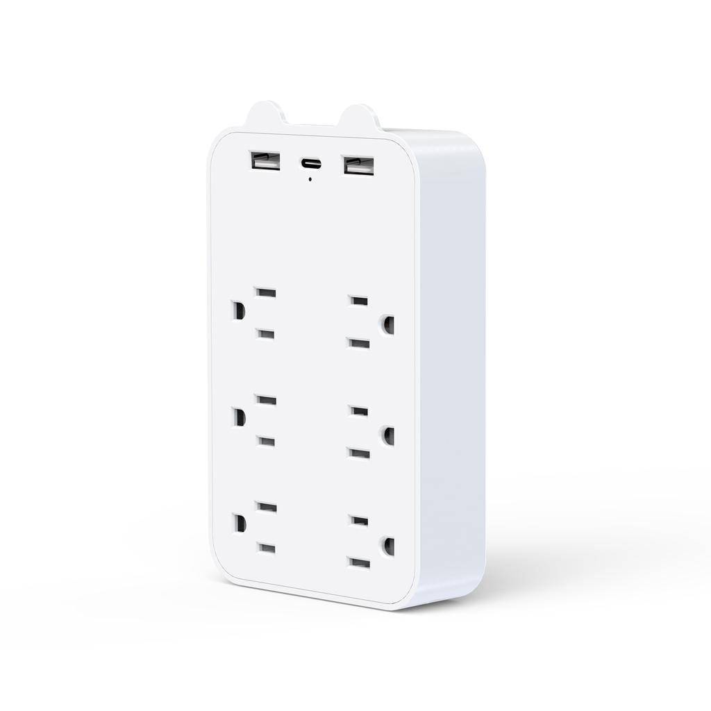 Удлинитель с вилкой США Multiprise 6 розеток переменного тока с 3 портами USB(1 Тип-C) Сетевой фильтр Быстрая зарядка, Для дома