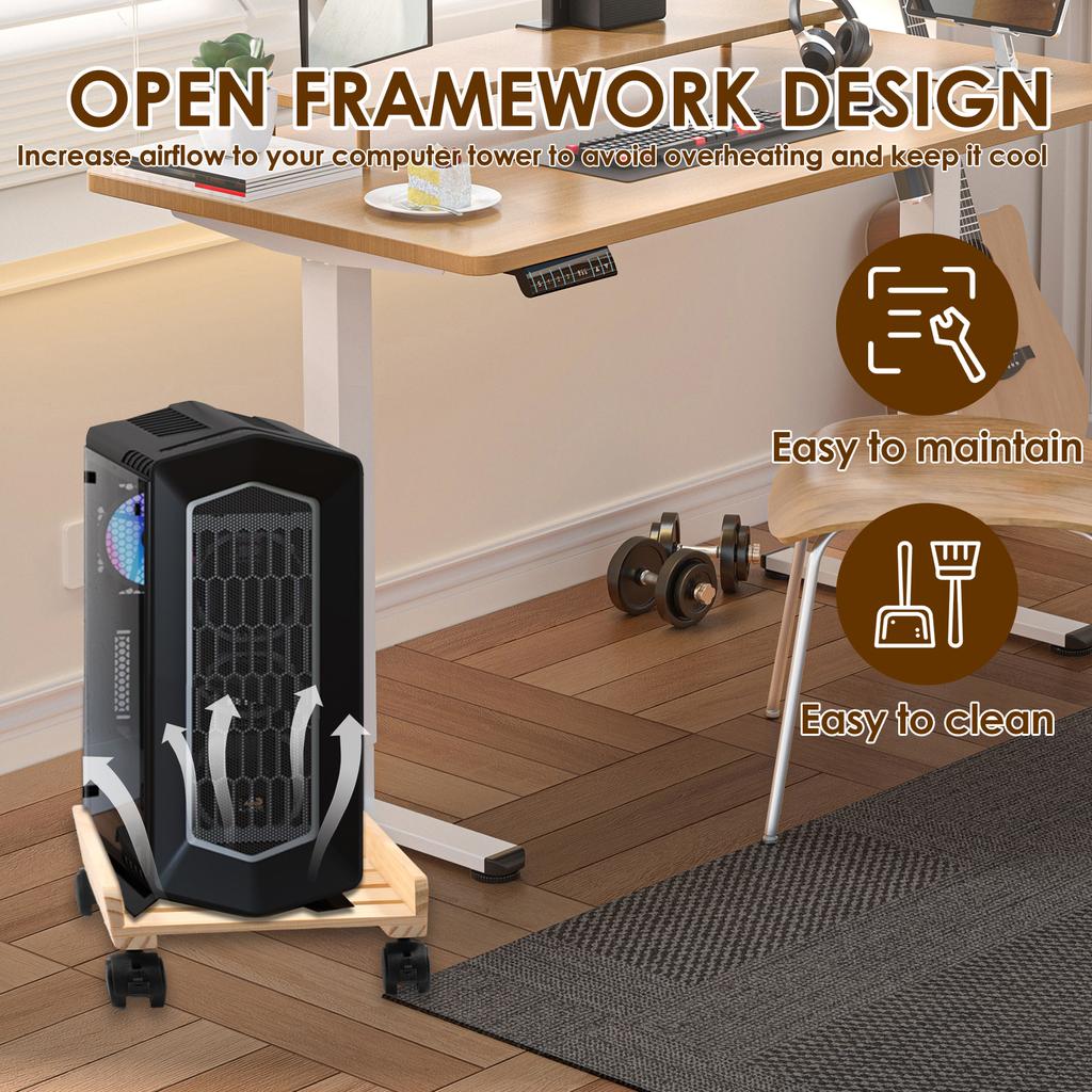Wooden Computer Tower Cart with Wheels Open Frame Design PC Case Stand Ventilated Cart  Practical Computer Tower Mobile