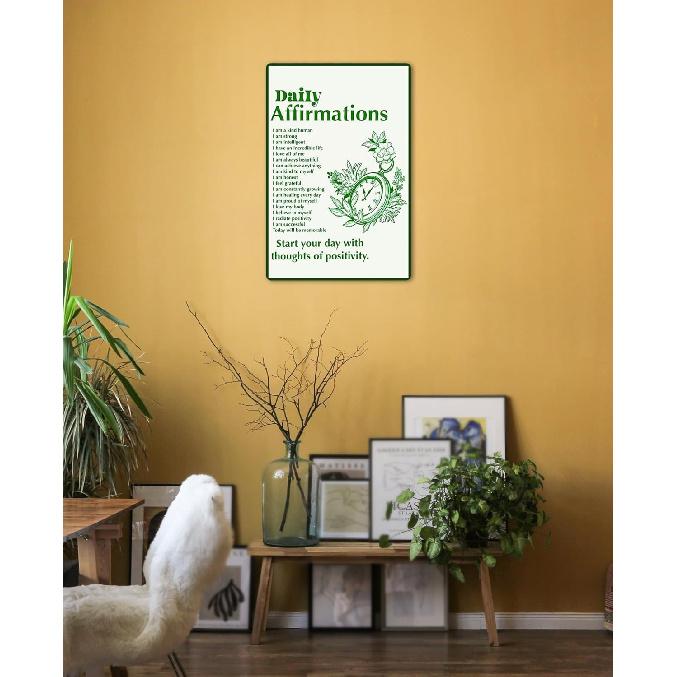 Daily Positive Affirmations Posters pirational Metal Tin Sign Green Boho Room Aesthetic Decoration Home Office Classroom Cafe Bar Wall Decor 8x12