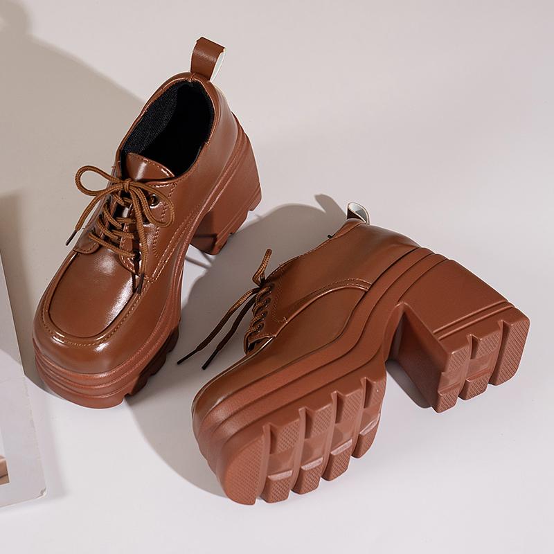 Fashion Women Heels Platform Square Lace Up Party Role Play Uniform Dress Shoe Fashion High Trifle Base Leather Loafers Lolita Mary Jane
