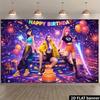 A 2D planar network stage-style birthday party backdrop, featuring fashionable characters and a highly technological stage