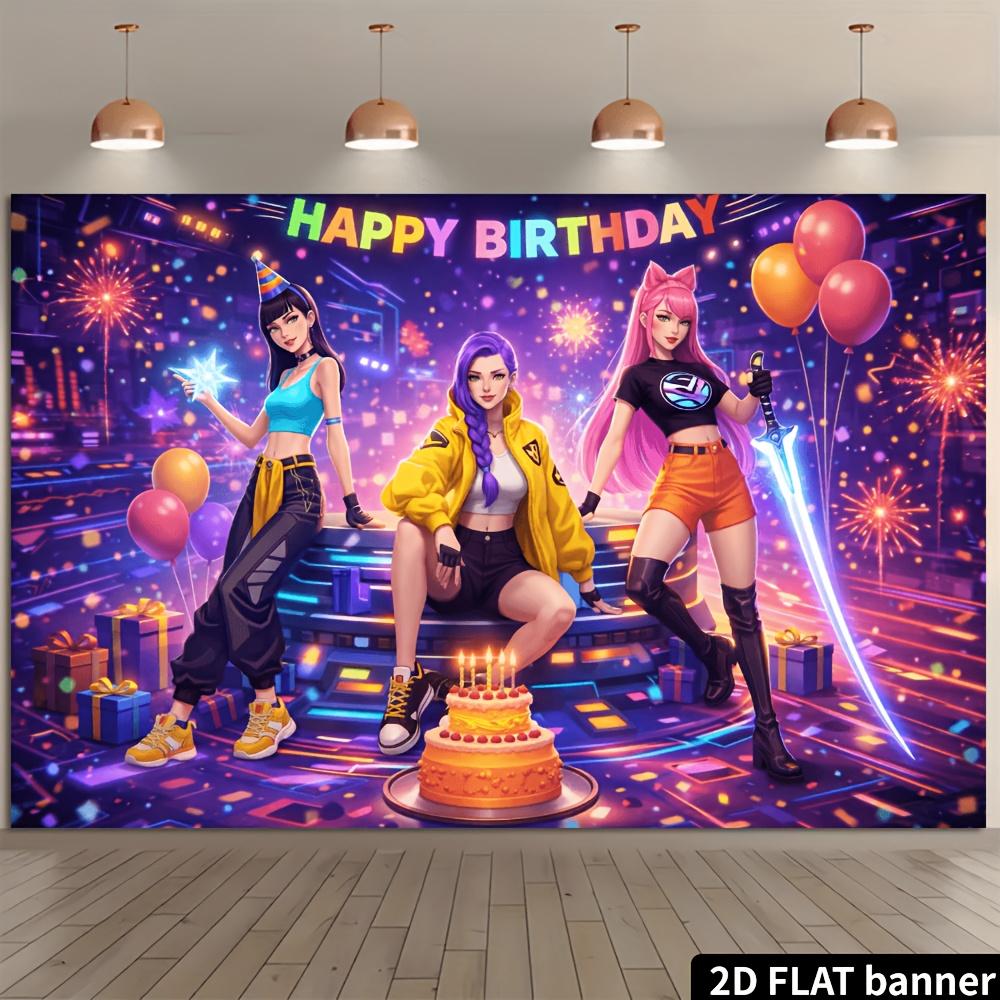 A 2D planar network stage-style birthday party backdrop, featuring fashionable characters and a highly technological stage