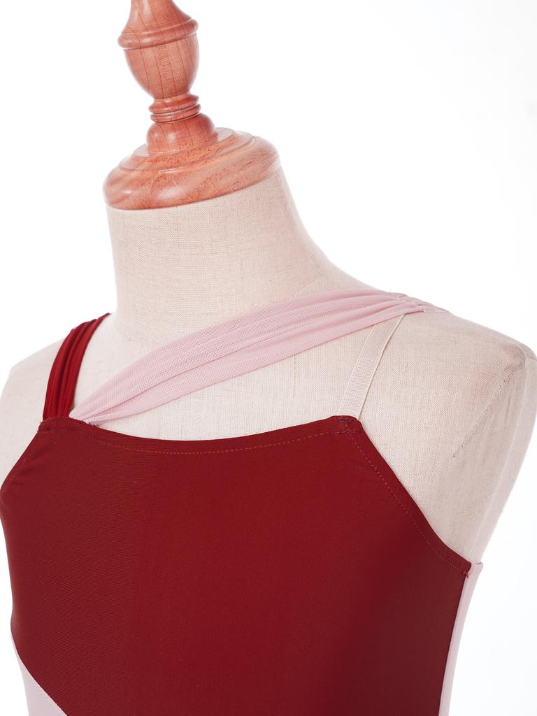 Детские шифоновые лирические танцевальные костюмы без рукавов для девочек, платье-купальник с цветными блоками, современные платья