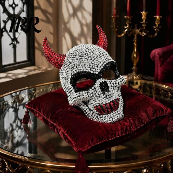 Glittering Masquerade Accessory Halloween Rhinestone Mask, Sparkly Faux Crystal Demon Horn Decorative Face Mask Lightweight Full Cosplay Prop