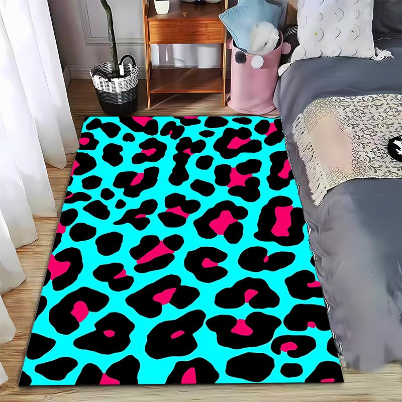 Leopard Print Area Rug with Turquoise, Black, and Pink Bold Pattern Design Suitable for use as an anti-slip for room and bedroom sofas
