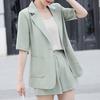 Women 3 Piece Blazer Outfit Short Sleeve Open Front Blazer Sleeveless Tank Top Shorts Set One Button Suit Jacket Business Set