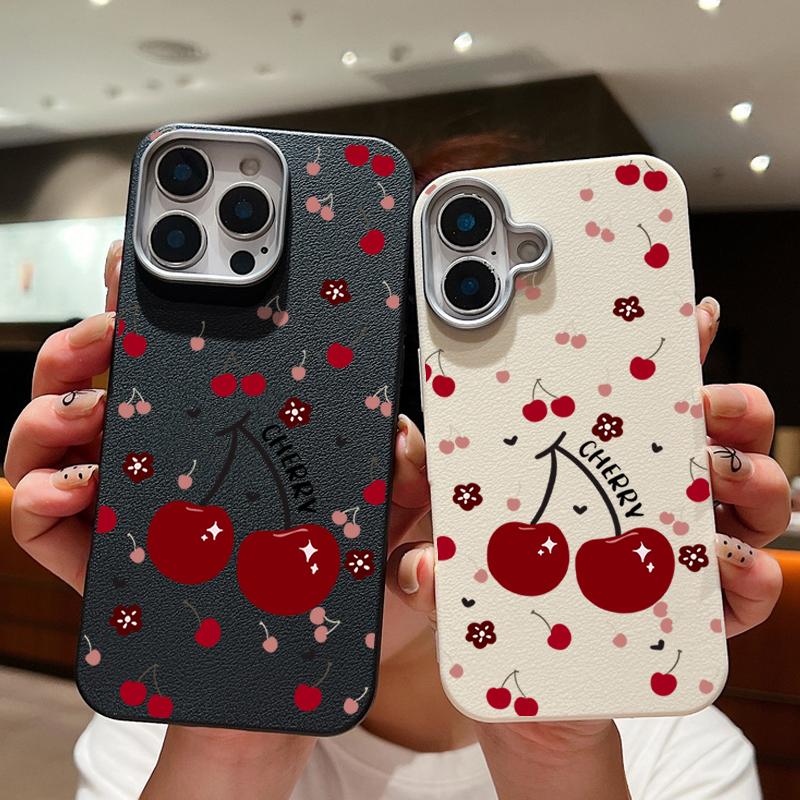 Cherry Patterned Phone Case for iPhone 16 Pro 15 14 Plus 13 12 Pro Max 11 Shockproof Leather Texture Soft Tpu Slim Matte Case Cover