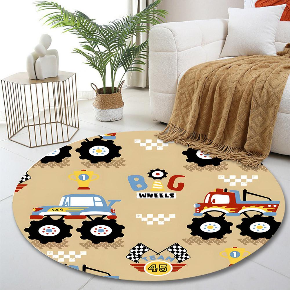 "Monster Trucks and Racing Trophy Design" Print round rug, living room, bedroom, playroom carpet, non slip floor mat, gift