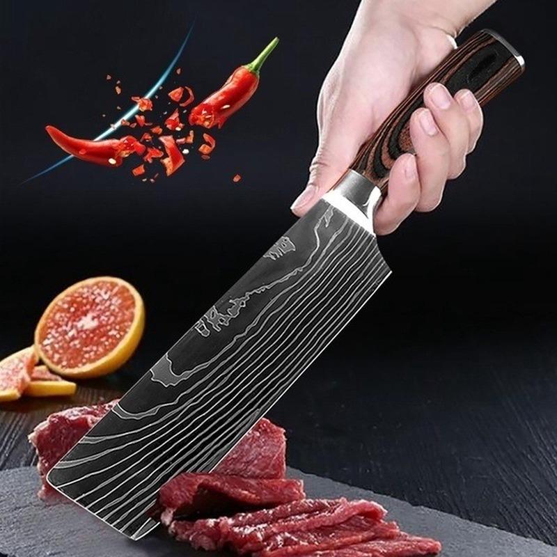 7-piece Laser Damascus Pattern Chef's Knife Sharp Santoku Meat Cleaver Slicing Utility Knife Tool