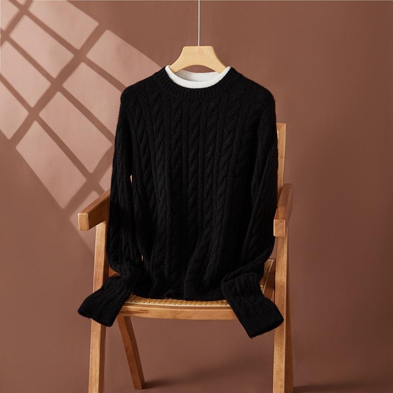 Retro Style Round Neck Cashmere Clothes Women'S Loose Inner Cover Thickened Bottom Sweater Women'S Autumn And Winter New Flower Solid Color Knitted