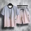 Летний спортивный и досуговый костюм с короткими рукавами, мужская футболка с принтом Ice Silk Gradient, топ с шортами с пятью точками, корейская версия
