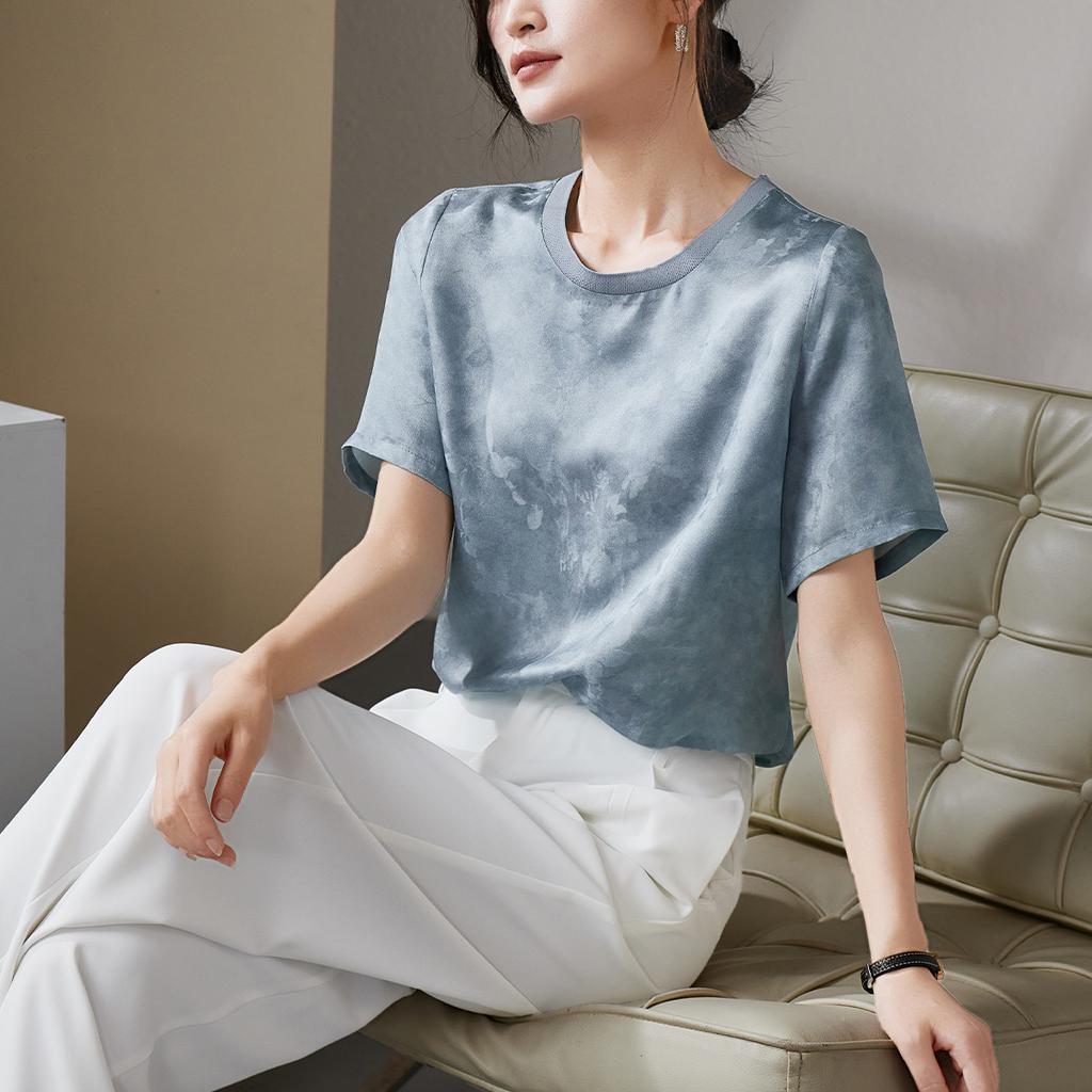 Mulberry silk jacquard round neck short-sleeved shirt for women