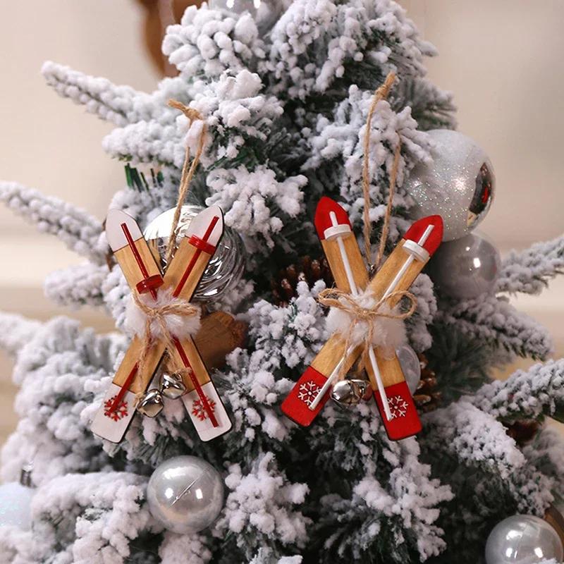 Doll House Mini Wooden Skis Crafts Supplies New Year Christmas Pendant Sled Christmas Tree Home Decor Gift