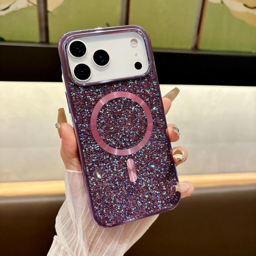 Чехол-бампер с блестками и алмазным покрытием по краю для iPhone 17 Pro Max Air 16 15 14 13 12 11 Plus, с поддержкой магнитной зарядки