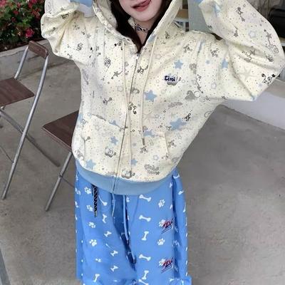 Милые толстовки свободного кроя с мультяшным принтом, осенне-зимние флисовые худи с капюшоном, женская одежда на молнии, шикарные толстовки с объемными ушками