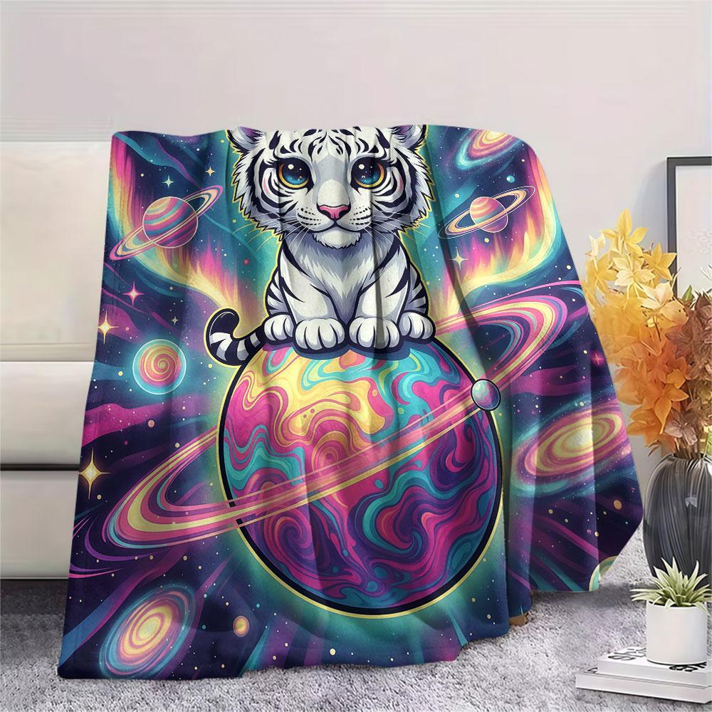 1Pc Planet Animals Print Flannel Blanket, High quality Comfortable for All Seasons, Home Decor, Warmth and Comfort, Perfect for Christmas Gifts