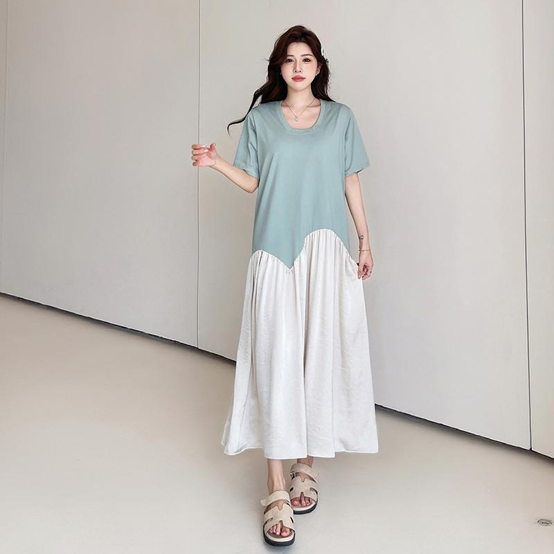 Dimanaf 2025 Летнее платье больших размеров для женщин, повседневное винтажное длинное платье с коротким рукавом, свободное базовое хлопковое плиссированное платье