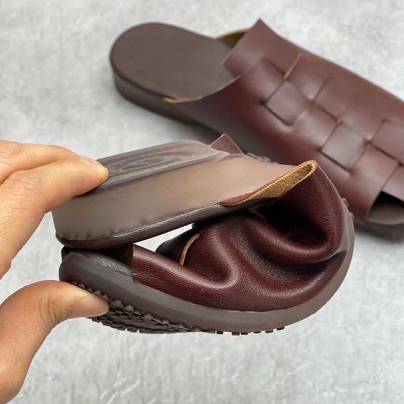 Johnature Плетеные тапочки на плоской подошве из натуральной кожи ручной работы. Женская обувь с круглым носком и мягкой подошвой. Уличные шлепанцы в стиле ретро.