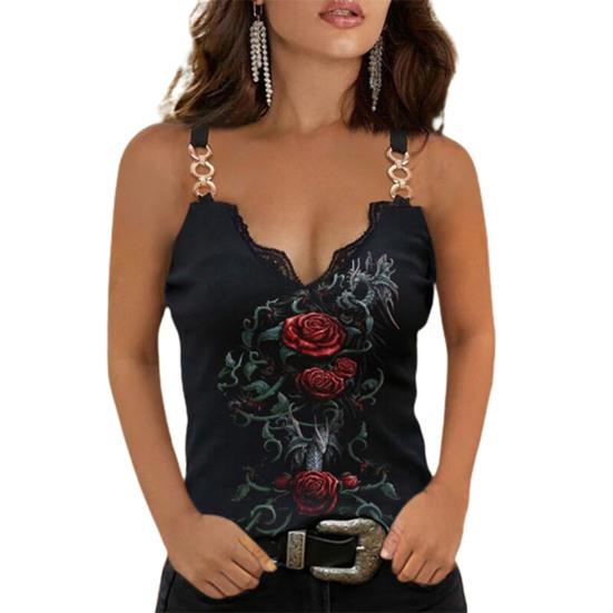 Summer V-neck Rose Sleeveless Vest Ladies Loose T-shirt Women Top Plus Size Sexy Vest Top