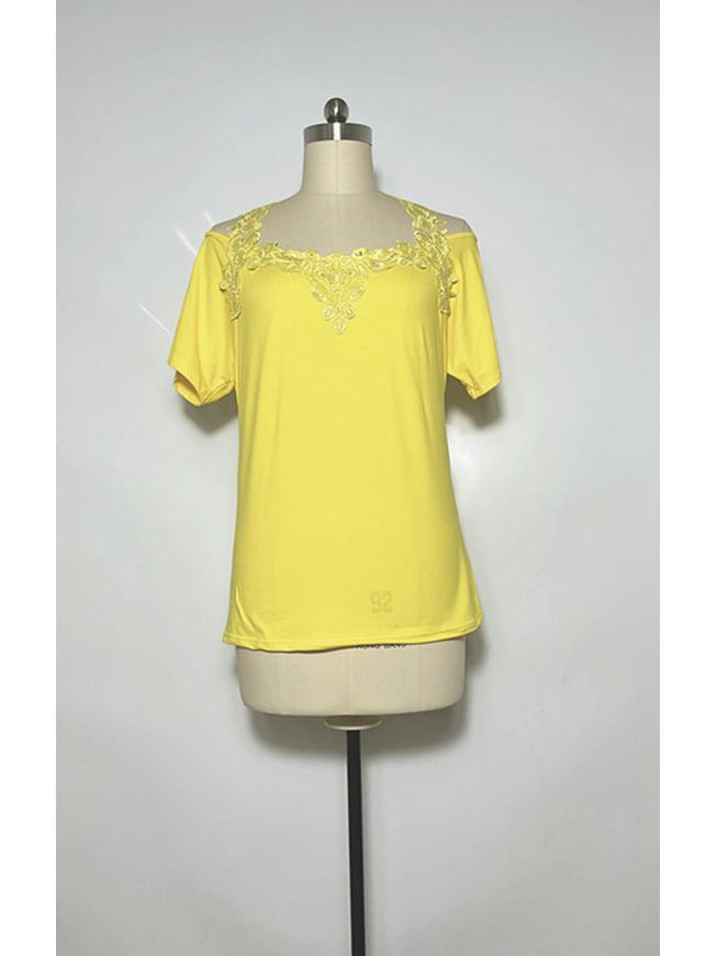 Европейская женская повседневная свободная футболка с V-образным вырезом и кружевом, короткие рукава.