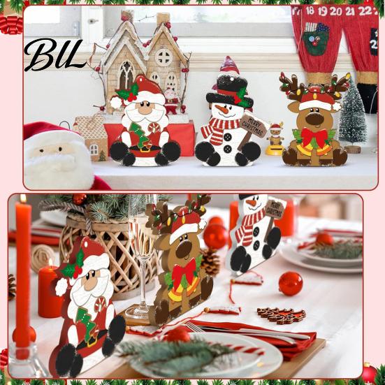 Vintage Style Wood Christmas Decor 3Pcs Wooden Tabletop Set, Santa Snowman Reindeer Figurine, Hanging Handcrafted Holiday Signs Tree Ornament