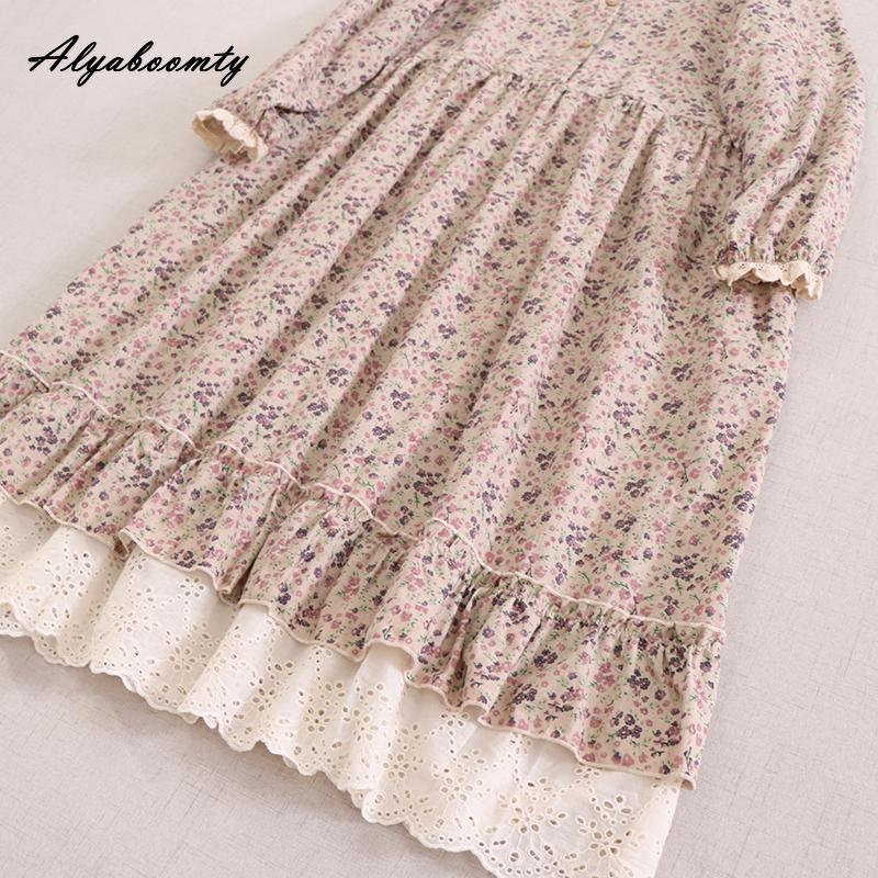 Mori Girl, весенне-осеннее женское платье в стиле ретро с воротником-стойкой, синее, абрикосовое, кофейное, с цветочным принтом, хлопковое и льняное винтажное свободное платье миди